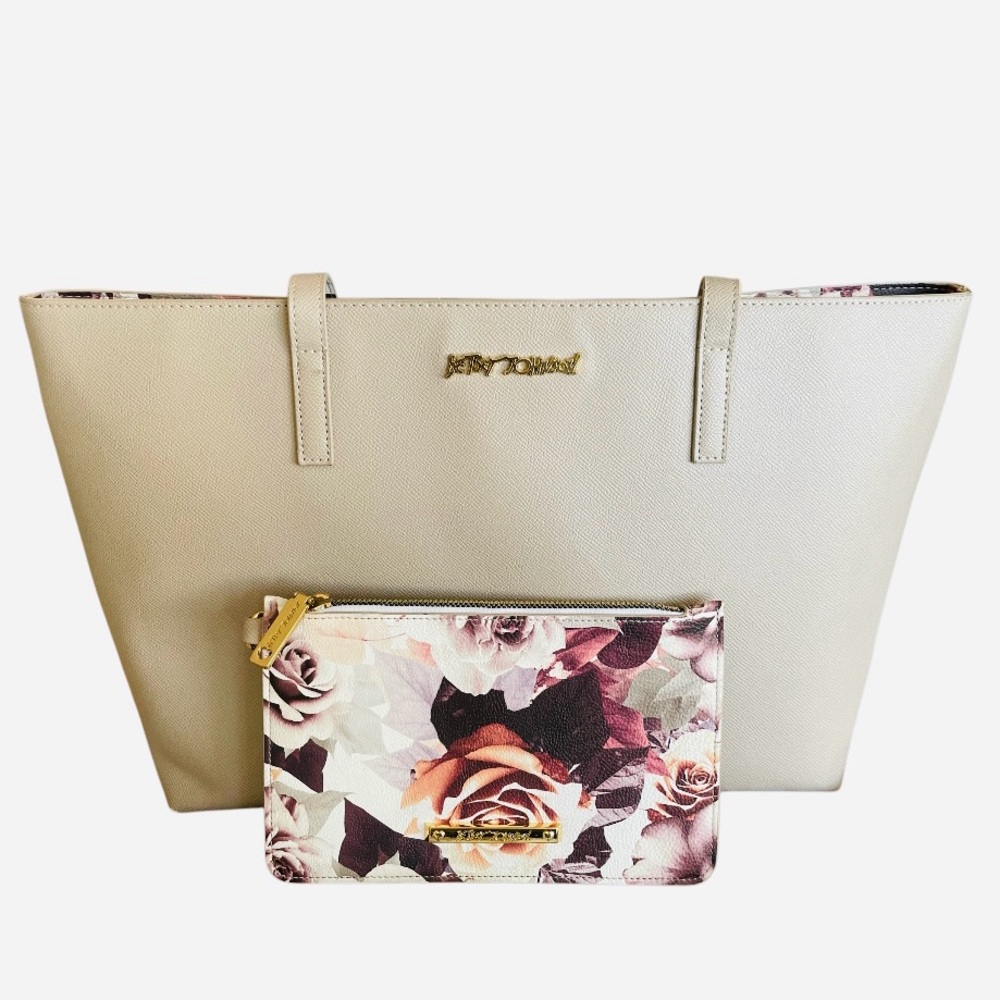 Betsey Johnson Large Beige Tote Purse Bag With Wristlet Floral Pattern - Picture 16 of 16